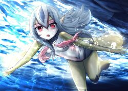 Rule 34 | 1girl, ao no roku-gou, breasts, colored skin, facial mark, grey hair, highres, long hair, monster girl, multicolored skin, mutio, nude, open mouth, pointy ears, red eyes, small breasts, solo, underwater, usuba kagerou (shougyouchu), water, white skin, yellow skin