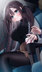 1boy 1girl absurdres black_pantyhose black_sweater blue_eyes blush bow breasts brown_hair brown_skirt choppy_bangs commentary_request cup hair_between_eyes hair_bow highres kuro_namako large_breasts long_hair looking_at_viewer original pantyhose pleated_skirt sidelocks sitting skirt sweater theater_seating turtleneck turtleneck_sweater