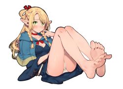 1girl bare_legs barefoot blonde_hair blue_capelet blue_dress blush capelet choker closed_mouth collarbone dress dungeon_meshi eyelashes feet foot_focus foreshortening full_body green_eyes hair_ornament hand_up hood hood_down knees_up legs long_hair looking_at_viewer marcille_donato panties parted_bangs pointing pointing_at_self pointy_ears randomscribblas red_choker simple_background sitting sketch soles solo spread_toes toenails toes underwear very_long_hair white_background white_panties