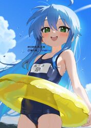 1girl 2025 ahoge armpit_crease artist_name bare_arms bare_shoulders blue_hair blue_one-piece_swimsuit blue_sky breasts commentary_request cowboy_shot dated detached_ahoge green_eyes hair_between_eyes highres innertube itinana izumi_konata long_hair long_sidelocks lucky_star mole mole_under_eye one-piece_swimsuit open_mouth school_swimsuit sidelocks sky small_breasts smile solo swim_ring swimsuit teeth upper_teeth_only very_long_hair wading watermark