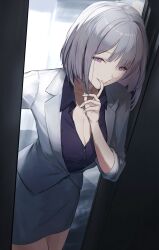 1girl absurdres bandaged_neck bandages blurry blurry_background breasts business_suit cleavage commentary doorway english_commentary feet_out_of_frame finger_to_mouth formal_clothes girls&#039;_frontline grey_hair highres jacket looking_at_viewer medium_breasts medium_hair office official_alternate_costume open_mouth purple_eyes purple_shirt rpk-16_(girls&#039;_frontline) rpk-16_(renate)_(girls&#039;_frontline) shenme_niao_mingzi shirt short_sleeves skirt smile solo standing suit white_jacket white_skirt