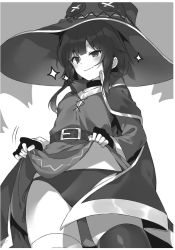 Rule 34 | 1girl, bandaged leg, bandages, belt buckle, black cape, black choker, black panties, buckle, cape, choker, clothes lift, dress, dress lift, fingerless gloves, gloves, hat, kono subarashii sekai ni shukufuku wo!, megumin, mishima kurone, monochrome, novel illustration, official art, panties, short hair with long locks, side-tie panties, skirt, skirt lift, smug, solo, stars, tagme, thighhighs, underwear, upskirt, witch hat