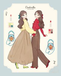 2girls animification bow brown_hair cinderella_(disney_movie) genderswap green_eyes gus_(cinderella) hair_ornament highres humanization jaq_(cinderella) long_hair long_sleeves looking_at_viewer meecosme multiple_girls personification ribbon shirt shoes simple_background smile white_background
