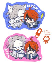 2boys ahoge animal_ears aotsuki_eito bag black_hair blue_eyes cat_boy cat_ears cat_tail chibi chibi_only closed_mouth collarbone dog_boy dog_ears dog_tail full_body handbag jacket japanese_text leash long_sleeves looking_at_viewer male_focus messy_hair multiple_boys musical_note pink_background red_eyes red_hair sumino_takumi tail the_hundred_line_-last_defense_academy- tongue tongue_out translation_request white_background white_jacket