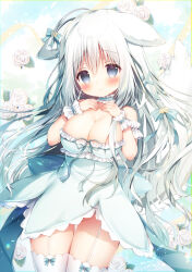 1girl animal_ears arm_cuffs blue_eyes blush bow bow_legwear breasts choker cleavage closed_mouth commentary cowboy_shot dress flower frilled_choker frilled_wrist_cuffs frills futaba_sharo green_bow green_choker green_dress green_ribbon hair_bow hair_ribbon hands_on_own_chest highres indie_virtual_youtuber large_breasts long_hair momozu_komamochi no_panties oppai_loli ribbon rose short_dress smile solo strapless strapless_dress thighhighs thighs very_long_hair virtual_youtuber white_flower white_rose white_thighhighs wrist_cuffs