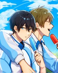Rule 34 | 2boys, arm around shoulder, black hair, blue eyes, brown hair, closed eyes, cloud, collared jacket, commentary, english commentary, food, free!, grass, hair between eyes, highres, holding, holding food, holding popsicle, jacket, long sleeves, looking to the side, male focus, multiple boys, nanase haruka (free!), open mouth, parted lips, popsicle, short hair, sky, tachibana makoto, teeth, twitter username, upper body, yomitsu u