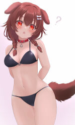 Rule 34 | 1girl, ?, absurdres, animal ears, arms behind back, bare shoulders, belt, belt collar, bikini, black bikini, blush, bone hair ornament, braid, breasts, brown hair, cleavage, collar, cowboy shot, dog ears, dog girl, dog tail, hair between eyes, hair intakes, hair ornament, head tilt, highres, hololive, inugami korone, looking at viewer, low twin braids, medium breasts, medium hair, navel, nishiki vx, open mouth, red belt, red eyes, sidelocks, simple background, solo, swimsuit, tail, twin braids, variant set, virtual youtuber, white background