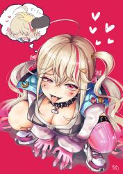 1boy 1girl asymmetrical_legwear blonde_hair blush breasts cleavage collar commander_(nikke) drooling fangs from_above gloves goddess_of_victory:_nikke gradient_hair hair_between_eyes heart imagining jackal_(nikke) jacket large_breasts looking_at_viewer mismatched_legwear multicolored_hair open_mouth pink_eyes pink_gloves pink_hair pink_jacket pink_thighhighs red_background sakura6480 saliva shoes side_ponytail simple_background sneakers speech_bubble spiked_collar spikes squatting thighhighs thought_bubble tongue tongue_out two-tone_hair