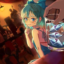 1girl album_cover backless_dress backless_outfit bare_shoulders blue_bow blue_dress blue_eyes blue_hair blurry bow cello chair cirno counter cover cup curtains depth_of_field dress drinking_glass finger_to_mouth highres holding holding_cup holding_instrument holding_saxophone ice ice_wings instrument lamp lipstick looking_at_viewer makeup music oi_yoi_0 piano playing_instrument saxophone short_hair silhouette sitting stage touhou upright_piano wings