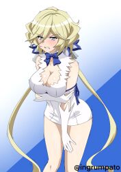 Rule 34 | 1girl, absurdres, blonde hair, blue bow, blue bowtie, blue eyes, blush, bow, bowtie, breasts, carol malus dienheim, cleavage, clenched teeth, cosplay, dungeon ni deai wo motomeru no wa machigatteiru darou ka, elbow gloves, embarrassed, gloves, hestia (danmachi), hestia (danmachi) (cosplay), highres, kyomeihibiki, large breasts, long hair, minase inori, senki zesshou symphogear, simple background, solo, teeth, twintails, voice actor connection, white gloves
