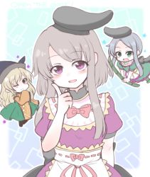 3girls apron bamboo black_hat blonde_hair blush bow brown_hair constellation dress frills green_dress green_eyes green_skirt grey_hair hat holding long_hair long_sleeves looking_at_viewer matara_okina multiple_girls nishida_satono one_eye_closed orange_eyes puffy_short_sleeves puffy_sleeves purple_dress purple_eyes red_bow red_ribbon ribbon shiohachi short_hair_with_long_locks short_sleeves skirt sleeves_past_wrists solo_focus tabard tate_eboshi teireida_mai touhou waist_apron wide_sleeves yellow_bow yellow_ribbon