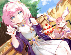 Rule 34 | 2girls, badaoliangmengqiaishangwo, blue eyes, blue sky, breasts, chinese commentary, coat, commentary request, cyrene (honkai: star rail), dress, food, fruit, highres, holding, holding spoon, honkai: star rail, honkai (series), ice cream, incoming food, jewelry, looking at viewer, medium hair, mem (honkai: star rail), multicolored hair, multiple girls, necklace, on bench, outdoors, pink fur, pink hair, purple coat, sitting, sky, small breasts, smile, spoon, strawberry, sundae, tail, tree, two-tone hair, white dress, white hair