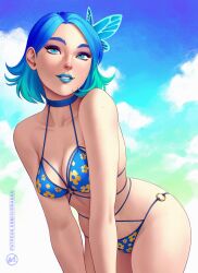 Rule 34 | 1girl, bikini, blue choker, blue eyes, blue hair, blue lips, choker, cloud, floral print, floral print bikini, highres, solo, suddakka, swimsuit