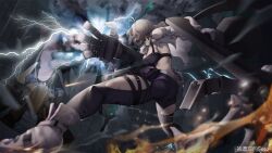 1girl aa-12 aa-12_(girls&#039;_frontline) antenna_hair artist_name black_pants blonde_hair boots breasts chinese_commentary chinese_text commentary_request electricity girls&#039;_frontline girls&#039;_frontline_2:_exilium gun highres hip_vent holding holding_gun holding_weapon jacket lind_(girls&#039;_frontline_2) mecha mechanical_arms medium_hair non-humanoid_robot open_clothes open_jacket pants robot shotgun thatob torn_clothes torn_jacket weapon white_boots white_jacket
