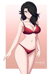 1girl artist_name black_hair border breasts cinder_fall gradient_background hair_over_one_eye highres large_breasts long_hair looking_at_viewer midriff navel panties red_panties rwby smile solo sonicheroxd underwear upper_body white_border yellow_eyes