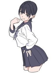 1girl black_hair blue_sailor_collar bow breasts grey_eyes hair_between_eyes highres kashiwa_(iersansi) long_sleeves looking_at_viewer original pleated_skirt sailor_collar shirt short_hair simple_background skirt solo tongue tongue_out white_background white_shirt