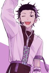 1boy belt black_hair black_jacket black_pants erinan half-closed_eyes hand_up highres jacket looking_at_viewer male_focus multicolored_hair one_eye_closed open_mouth pants purple_belt short_hair smile solo teeth two-tone_hair upper_body upper_teeth_only white_jacket world_trigger yoneya_yousuke