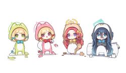 4girls absurdly_long_hair absurdres acorn alternate_costume animal animal_costume aqua_halo aris_(blue_archive) banana_(banana_draw) bird black_hair blonde_hair blue_archive blue_bow blue_eyes blush bow cat cat_costume chibi closed_mouth full_body game_development_department_(blue_archive) green_eyes green_halo hair_bow halo highres leaf long_hair long_sleeves looking_at_viewer midori_(blue_archive) momoi_(blue_archive) multiple_girls nose_blush open_mouth penguin penguin_costume pink_halo purple_eyes red_bow red_eyes red_hair short_hair siblings simple_background sisters smile rectangular_halo squirrel standing tears twins very_long_hair white_background yellow_halo yuzu_(blue_archive)