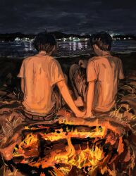 2boys absurdres beach black_hair burning campfire couple fire highres holding_hands male_focus minahamu multiple_boys night night_sky original reflection reflective_water shirt shorts sketch sky white_shirt yaoi