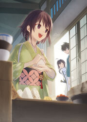 1boy 1girl 1other androgynous black_hair blue_kimono bowl braid braided_hair_rings closed_eyes cooking fate/samurai_remnant fate_(series) food fruit green_kimono hair_intakes hair_rings hiiragi_(karashriker) indoors japanese_clothes kimono long_braid miyamoto_iori_(fate) ogasawara_kaya onigiri open_mouth purple_eyes rice_bowl shouji single_braid sliding_doors smile sword sword_on_back takuan topknot umeboshi weapon weapon_on_back yamato_takeru_(fate)