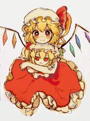 1girl blonde_hair blush character_doll closed_mouth crystal crystal_wings fang fang_out flandre_scarlet frilled_skirt frills fumo_(doll) hat hat_ribbon highres hugging_doll hugging_object looking_at_viewer mob_cap multicolored_wings one_side_up red_eyes red_skirt red_vest ribbon shirt short_sleeves skirt skirt_set smile solo touhou vest white_hat white_shirt wings youshouhaoxianzhe