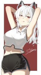 1girl :q absurdres ahoge alternate_costume armpits arms_behind_head arms_up bare_shoulders black_eyeliner black_eyes black_eyeshadow black_horns black_shorts border breasts closed_mouth commentary contrapposto cowboy_shot crop_top crop_top_overhang curled_horns dolphin_shorts dot_nose double-parted_bangs eyeliner eyeshadow hair_between_eyes hair_intakes half-closed_eyes hands_in_hair highres horns large_breasts leaning_to_the_side light_blush light_smile long_eyelashes long_hair long_sidelocks makeup midriff molang_(lsg15312) mole mole_under_eye multicolored_eyes multicolored_hair narrowed_eyes navel red_background red_eyes seductive_smile shirt short_shorts shorts sidelocks slit_pupils smile solo streaked_hair taut_clothes taut_shorts thick_eyelashes thighs tongue tongue_out two-tone_eyes white_border white_hair white_shirt wuthering_waves zani_(wuthering_waves)