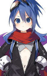 blue_eyes blue_hair breasts buran_buta choujigen_game_neptune disgaea disgaea_4 disgaea_5 disgaea_d2 frown gloves highres long_hair navel neptune_(series) nippon_ichi nippon_ichi_(neptunia) nisa scarf small_breasts solo spandex