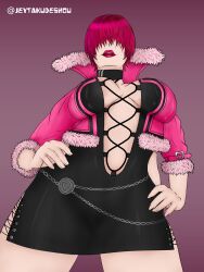 1girl breasts cleavage cleavage_cutout clothing_cutout curvy dress female_focus fishnets hand_on_own_hip heart huge_breasts jacket jeytakudeshou large_breasts long_hair no_bra ponytail red_hair shermie_(kof) skirt standing the_king_of_fighters thick_lips thick_thighs thighs wide_hips
