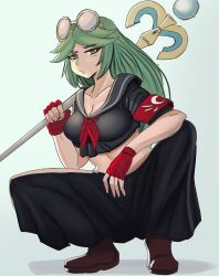 Rule 34 | 1girl, alternate costume, black serafuku, black skirt, breasts, brown footwear, cleavage, delinquent, eyewear on head, ezzydraws, fingerless gloves, full body, gloves, green eyes, highres, holding, holding staff, kid icarus, kid icarus uprising, looking at viewer, nintendo, palutena, round eyewear, school uniform, serafuku, skirt, solo, squatting, staff, sukeban