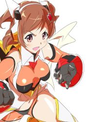 1girl :d aijou_karen bare_shoulders blush breasts brown_eyes brown_hair cosplay crown_hair_ornament gloves hair_ornament headgear jumpsuit looking_at_viewer open_mouth scarf senki_zesshou_symphogear short_hair shoujo_kageki_revue_starlight smile solo tachibana_hibiki_(symphogear) tachibana_hibiki_(symphogear)_(cosplay) umanosuke