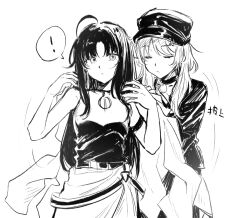 2girls ahoge awa_subaru canis428 chinese_commentary choker closed_eyes commentary_request girls_band_cry greyscale hat highres holding holding_jacket holding_unworn_clothes jacket kawaragi_momoka long_hair monochrome multiple_girls parted_bangs shirt simple_background sleeveless sleeveless_shirt unworn_jacket white_background