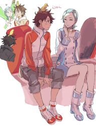 1boy 1girl animal animal_on_head ankle_boots aqua_hair arms_between_legs backlighting bird bird_on_head boots brown_hair brown_pants buttons cargo_pants choker closed_eyes double-breasted dress eureka_(eureka_seven) eureka_seven eureka_seven_(series) eureka_seven_ao full_body hair_between_eyes highres jacket light_blush light_smile long_sleeves looking_at_another multicolored_jacket on_head over-kneehighs pants pants_rolled_up renton_thurston rueisi_(namezari) short_dress simple_background sitting spiked_hair swept_bangs thighhighs two-tone_dress two-tone_jacket white_background wings