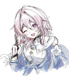 1girl absurdres ayateru_(ayaki_geme) black_choker black_gloves blue_eyes blue_jacket bra_strap buttons choker commentary_request cropped_torso earrings flower gloves highres honkai:_star_rail honkai_(series) jacket jewelry long_sleeves looking_at_viewer march_7th_(honkai:_star_rail) march_7th_(preservation)_(honkai:_star_rail) medium_hair multicolored_eyes off-shoulder_jacket off_shoulder one_eye_closed open_mouth partially_fingerless_gloves pink_eyes pink_hair pink_pupils shirt signature single_earring sketch smile solo tied_jacket two-tone_eyes underbust v white_background white_shirt