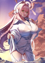 1girl :d bikini bikini_under_clothes blue_archive braid breasts bright_pupils cleavage clothes_lift collared_shirt green_eyes hair_intakes halo hanako_(blue_archive) hanako_(swimsuit)_(blue_archive) highres large_breasts lifting_own_clothes long_hair looking_at_viewer mechasoul official_alternate_costume open_mouth outdoors oversized_clothes oversized_shirt partially_unbuttoned pink_hair pink_halo see-through_clothes see-through_shirt shirt shirt_lift side_braid single_braid smile solo swimsuit wading white_shirt