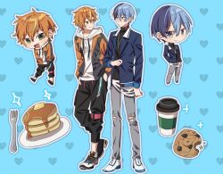 Rule 34 | 2boys, aoyagi touya, arm at side, baggy pants, black pants, black shirt, blonde hair, blue background, blue hair, blue jacket, chibi, chibi inset, closed mouth, colored shoe soles, commentary request, cookie, cup, denim, disposable coffee cup, disposable cup, double-parted bangs, drawstring, eye contact, food, fork, full body, grey jacket, grey pants, hair between eyes, hands in pockets, heart, heart background, highres, hood, hoodie, jacket, jacket over hoodie, jeans, knees apart feet together, korean commentary, lapels, legs apart, looking at another, male focus, mole, mole under eye, multicolored hair, multicolored jacket, multiple boys, notched lapels, nupi 000, open clothes, open jacket, orange hair, orange jacket, outline, pancake, pancake stack, pants, plate, project sekai, purple hair, shinonome akito, shirt, shoes, short hair, simple background, skinny, skinny jeans, smile, sneakers, sparkle, split-color hair, standing, streaked hair, sweatpants, torn clothes, torn pants, turtleneck, turtleneck shirt, two-tone hair, two-tone jacket, very short hair, white hoodie, white outline, white shoes