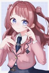 Rule 34 | 1girl, blazer, blue skirt, blush, commentary request, dotted line, gakuen idolmaster, grid background, hanami saki, hatsuboshi gakuen school uniform, highres, idolmaster, jacket, light smile, long hair, long sleeves, looking at viewer, magawa noi, partial commentary, pink jacket, purple background, red eyes, school uniform, shirt, skirt, solo, tears, two side up, upper body, white shirt