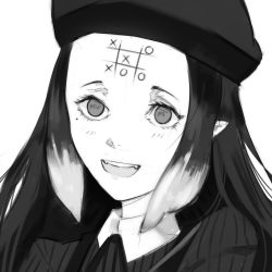 1girl absurdres beret body_writing collared_shirt commentary english_commentary english_text forehead greyscale hair_behind_ear hat highres hololive hololive_english jitome long_hair mole mole_under_eye monochrome ninomae_ina&#039;nis ninomae_ina&#039;nis_(casual) official_alternate_costume open_mouth shirt solo teeth tentacle_hair text_in_eyes tic-tac-toe upper_body upper_teeth_only virtual_youtuber white_background xyanaid