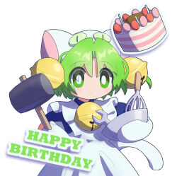 1girl animal_hat apron bell blue_dress bright_pupils cake cat_hat cat_tail closed_mouth dejiko di_gi_charat dress expressionless food green_eyes green_hair hammer happy_birthday hat highres holding holding_hammer mittens neck_bell robonormal short_hair simple_background solo tail whisk white_apron white_background white_mittens white_pupils wrench