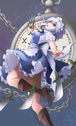 1girl boots breasts brown_boots chain clock dress fold-over_boots high_heel_boots high_heels holding izayoi_sakuya knee_boots lace-up_boots maid maid_headdress pita_(pitaani-223) short_hair skirt solo touhou weapon white_hair