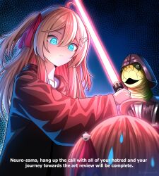 1boy 2girls absurdres ahoge animatrix black_robe blue_eyes blue_sailor_collar brown_hair closed_mouth commentary commission cosplay darth_vader darth_vader_(cosplay) energy_sword english_commentary english_text evil_neuro-sama from_side hair_between_eyes hair_ornament hair_ribbon highres holding holding_sword holding_weapon lightsaber long_hair long_sleeves multiple_girls neuro-sama pink_lightsaber red_ribbon ribbon robe sailor_collar siblings sisters skull_hair_ornament star_wars sweat sword twins two_side_up upper_body vedal987 vedal_ai virtual_youtuber weapon