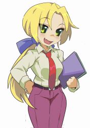 1girl belt blonde_hair breasts clenched_hands dress_shirt fang folder green_eyes hand_on_own_hip highres holding holding_folder kuroi_nanako long_hair looking_at_viewer low_ponytail lucky_star necktie pants ponytail puppet_art purple_pants red_necktie shirt skin_fang teacher white_shirt