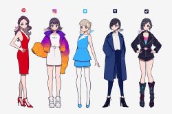 5girls belt black_eyes black_footwear black_jacket black_shorts blonde_hair blue_dress blue_footwear blue_jacket blue_pants blush boots breasts brown_eyes brown_hair choker cleavage collared_shirt dress earrings gradient_clothes gradient_jacket gradient_shirt hand_on_own_hip hands_in_pockets hands_on_own_hips high-waist_pants high-waist_shorts high_heels highres instagram jacket jewelry kisaragi_yuu_(fallen_sky) long_hair long_sleeves looking_at_viewer medium_breasts multiple_girls pants pantyhose personification pinterest red_dress red_footwear shirt shirt_tucked_in shoes short_hair shorts signature simple_background sleeveless sleeveless_dress sleeves_past_fingers sleeves_past_wrists tiktok tumblr twitter twitter_logo white_background white_dress white_footwear white_legwear white_shirt
