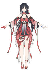 1girl absurdres bare_legs bare_shoulders black_eyes black_hair breasts chinese_commentary closed_mouth collarbone commentary_request detached_sleeves dress earrings feather_hair full_body gloves hair_intakes highres jewelry kohane_kun legs long_hair looking_at_viewer medium_breasts mole mole_under_eye parted_bangs red_dress red_gloves red_shoes reference_sheet shoes simple_background single_glove smile solo tacet_mark_(wuthering_waves) very_long_hair white_background wuthering_waves yangyang_(wuthering_waves)