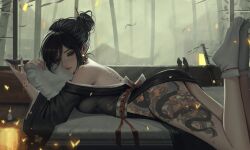 Rule 34 | 1girl, ass tattoo, back tattoo, bamboo, bamboo forest, bird, black hair, black kimono, bracelet, breasts, closed eyes, commentary, cup, dragon tattoo, english commentary, forest, full body, hair bun, hair ornament, hair stick, highres, holding, holding cup, japanese clothes, jewelry, katana, kimono, lantern, leg tattoo, lips, nature, neo (neorarty3), obijime, original, sakazuki, sheath, sheathed, socks, solo, sword, tattoo, weapon, white socks