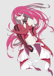 1girl absurdres acan baobhan_sith_(fate) baobhan_sith_(first_ascension)_(fate) bare_shoulders detached_sleeves dress fate/grand_order fate_(series) full_body grey_eyes high_heels highres hugging_own_legs lace lace-trimmed_thighhighs lace_trim long_hair pink_hair platform_heels pointy_ears red_dress red_thighhighs solo thighhighs