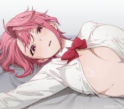 1girl bed_sheet bilingual_commentary blush bow bowtie breasts chinese_commentary collared_shirt commentary covered_erect_nipples dandadan doehorn english_commentary grey_background highres large_breasts lying medium_hair mixed-language_commentary on_side open_clothes open_mouth open_shirt pink_bow pink_bowtie pink_eyes pink_hair shiny_skin shiratori_aira_(dandadan) shirt solo twitter_username white_shirt