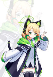 1girl absurdres animal_ear_headphones animal_ears black_coat black_shorts black_tail black_thighhighs blonde_hair blue_archive blush bow buttons cat_ear_headphones cat_ears cat_tail chinese_commentary closed_mouth coat collared_shirt commentary cowboy_shot fake_animal_ears fake_tail green_bow green_coat green_eyes green_halo green_necktie hair_bow halo hand_up headphones highres hood hood_down hooded_coat long_sleeves looking_at_viewer low-tied_sidelocks medium_hair midori_(blue_archive) multicolored_coat necktie open_clothes open_coat parted_bangs school_uniform shirt short_necktie short_shorts shorts sidelocks simple_background single_sleeve_past_fingers single_sleeve_past_wrist smile solo split_mouth tail thighhighs unbuttoned untucked_shirt v white_background white_coat white_shirt wide_sleeves wuyin zoom_layer