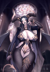 1girl absurdres black_hair black_lips blurry blurry_background bracelet breasts bridal_gauntlets cleavage curvy demon_girl demon_horns demon_tail demon_wings earrings fingernails highres horns huge_breasts jewelry kolga_art long_fingernails long_hair looking_at_viewer makeup navel original pointy_ears pubic_tattoo questionable sensitive sharp_fingernails solo tail tattoo thick_thighs thighs very_long_hair wide_hips wings yellow_eyes