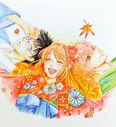 1girl 2boys :d autumn_leaves ayase_chihaya black_hair blonde_hair blue_eyes blue_kimono brown_eyes chihayafuru closed_eyes floral_print green_kimono japanese_clothes kimono leaf long_hair lying mashima_taichi multiple_boys obi on_back open_mouth red_kimono sash smile sumire.+ wataya_arata white_background