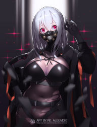 1girl arm_up artist_name belt black_gloves black_ribbon blurry blurry_background bodystocking breasts cleavage covered_navel cowboy_shot english_text female_focus fishnets gloves hand_on_own_hip highres large_breasts long_hair long_sleeves mask mouth_mask original pink_eyes plump ribbon signature silver_hair skin_tight solo sparkle teeth torn_clothes wookyung